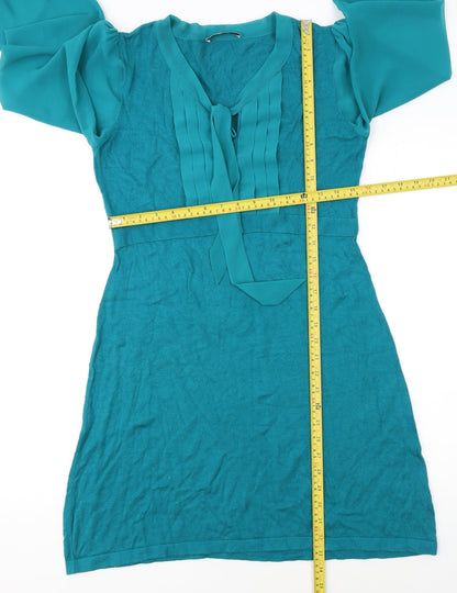 Oasis Women’s Green Long Sleeve Shift Dress Size L Pleated Tie Neck