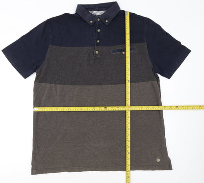 White Stuff Men's Blue Colourblock Cotton Polo Shirt Medium