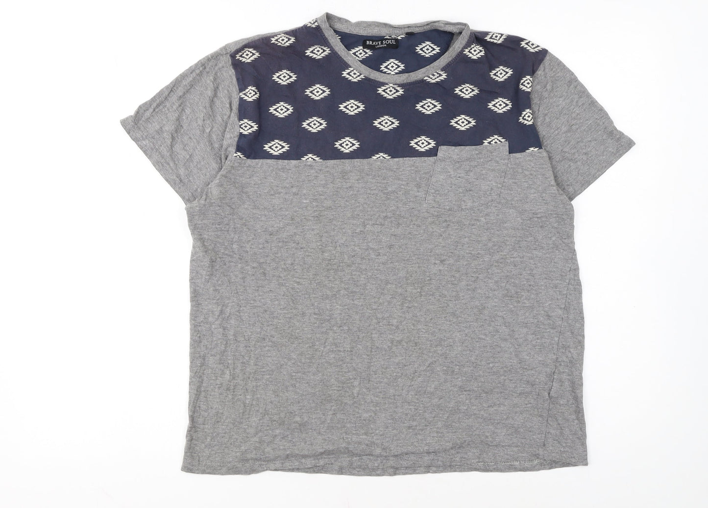 Brave Soul Men's Grey Aztec Panel Crew Neck T-Shirt Size M Regular Fit