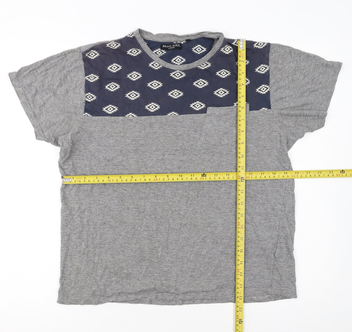 Brave Soul Men's Grey Aztec Panel Crew Neck T-Shirt Size M Regular Fit