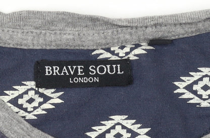 Brave Soul Men's Grey Aztec Panel Crew Neck T-Shirt Size M Regular Fit