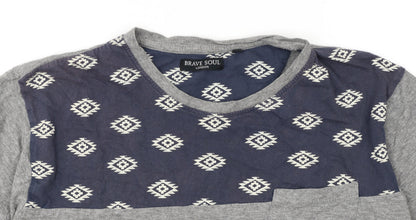 Brave Soul Men's Grey Aztec Panel Crew Neck T-Shirt Size M Regular Fit
