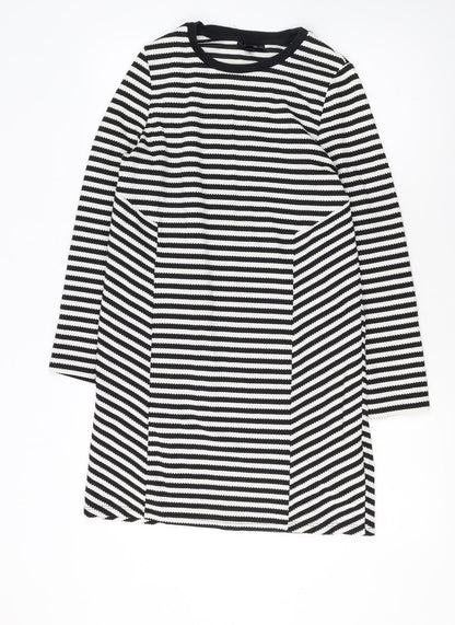 Topshop Women’s Black White Stripe Shift Dress Size 10 Knit Long Sleeve