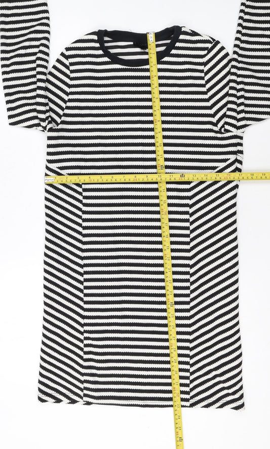 Topshop Women’s Black White Stripe Shift Dress Size 10 Knit Long Sleeve
