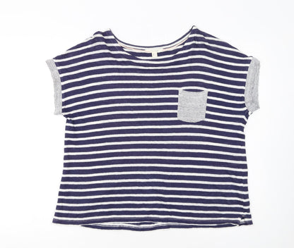 White Stuff Women's Blue Striped Linen T-Shirt UK 16 Short Sleeve