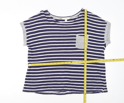 White Stuff Women's Blue Striped Linen T-Shirt UK 16 Short Sleeve