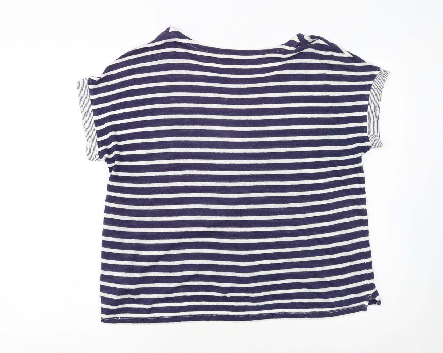 White Stuff Women's Blue Striped Linen T-Shirt UK 16 Short Sleeve