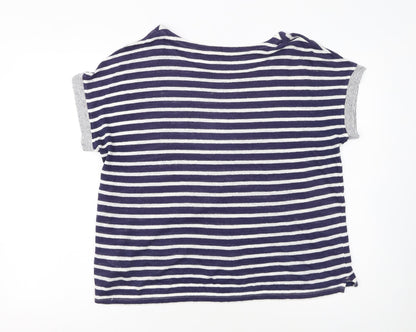 White Stuff Women's Blue Striped Linen T-Shirt UK 16 Short Sleeve
