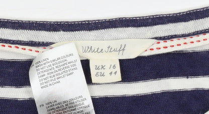 White Stuff Women's Blue Striped Linen T-Shirt UK 16 Short Sleeve
