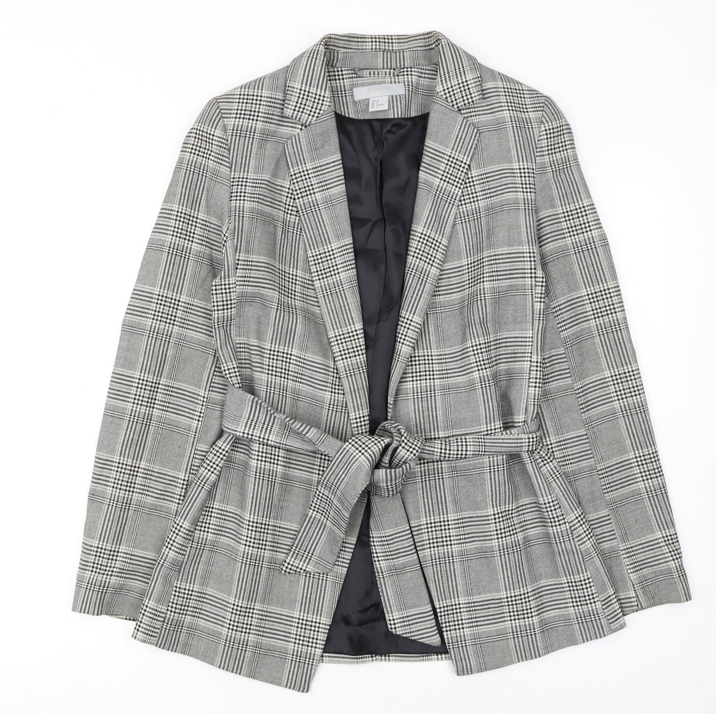 H&M Women Grey Check Belted Blazer Jacket Size 6 Regular Fit