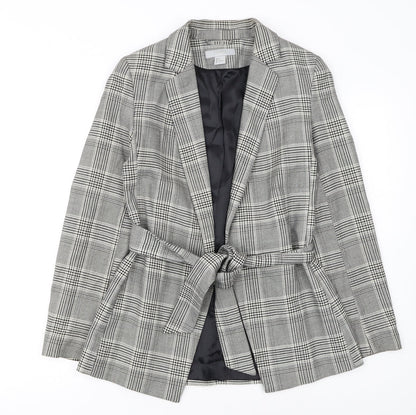 H&M Women Grey Check Belted Blazer Jacket Size 6 Regular Fit