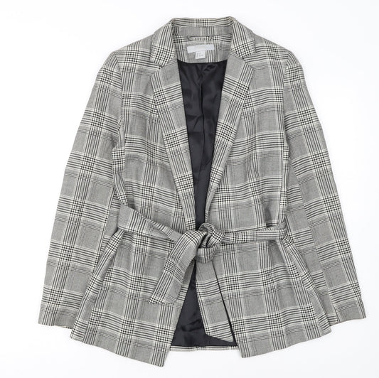 H&M Women Grey Check Belted Blazer Jacket Size 6 Regular Fit