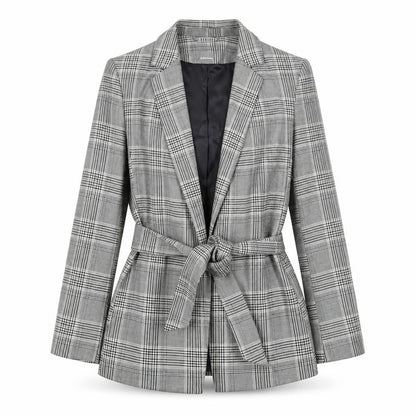 H&M Women Grey Check Belted Blazer Jacket Size 6 Regular Fit