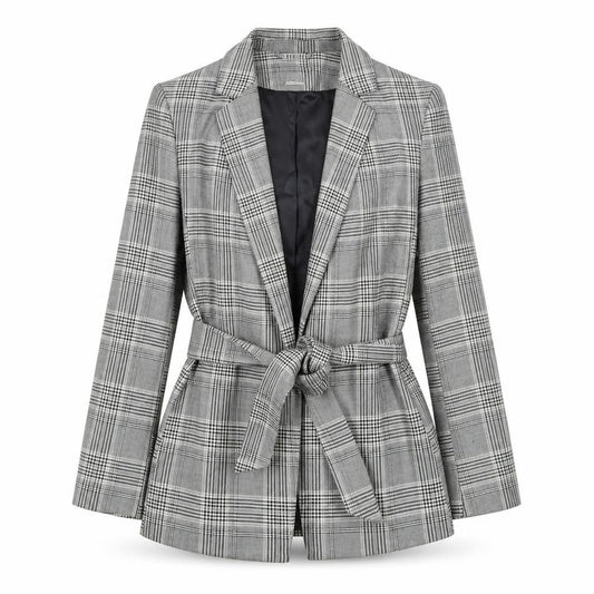 H&M Women Grey Check Belted Blazer Jacket Size 6 Regular Fit