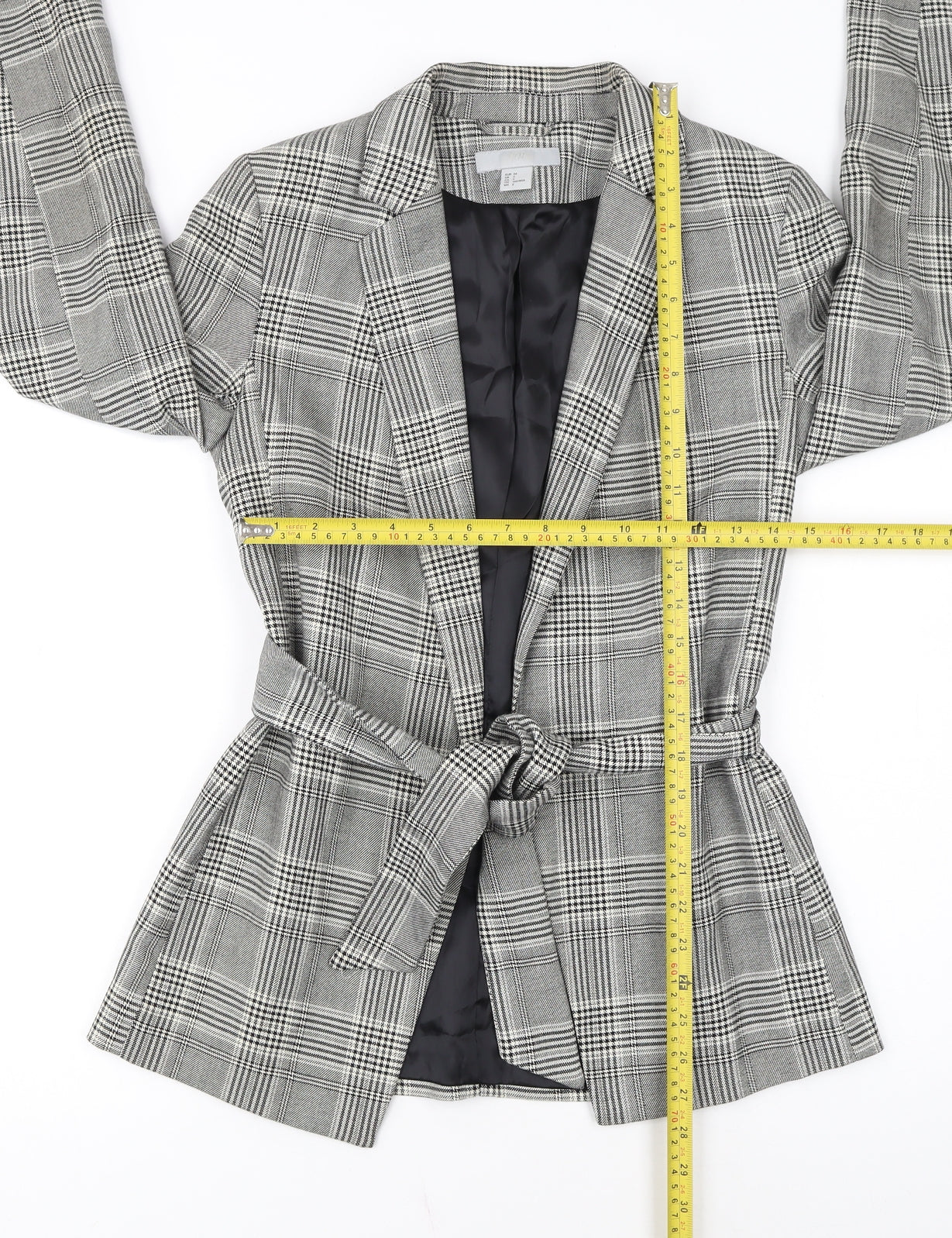H&M Women Grey Check Belted Blazer Jacket Size 6 Regular Fit