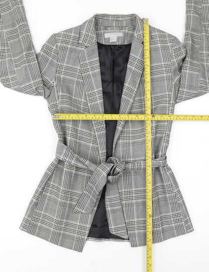 H&M Women Grey Check Belted Blazer Jacket Size 6 Regular Fit