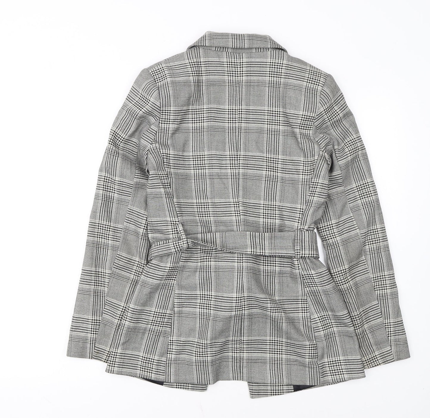 H&M Women Grey Check Belted Blazer Jacket Size 6 Regular Fit