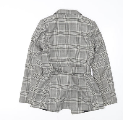 H&M Women Grey Check Belted Blazer Jacket Size 6 Regular Fit