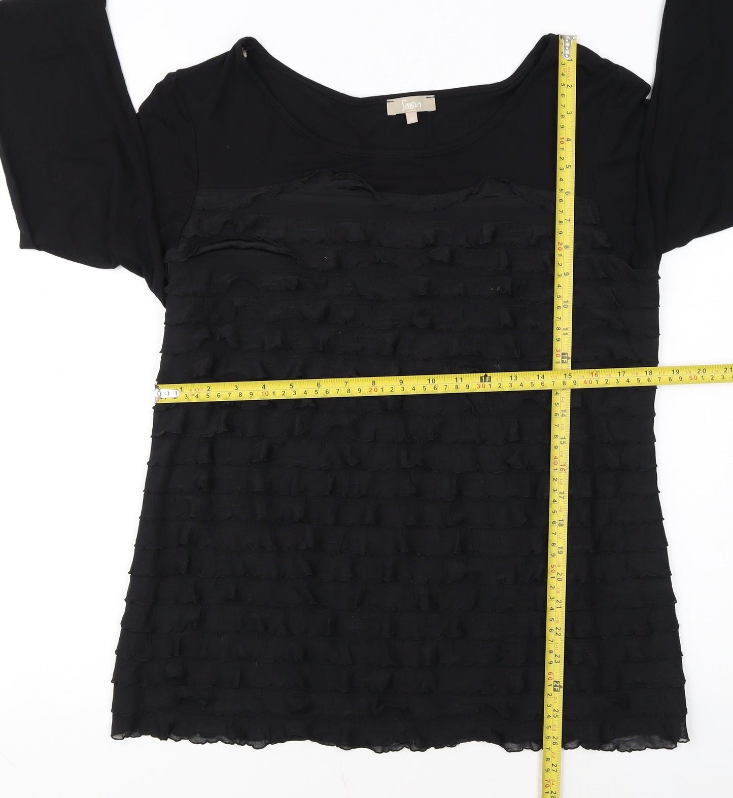 Soon Women Black 3/4 Sleeve Ruffle Tunic Top Size 18
