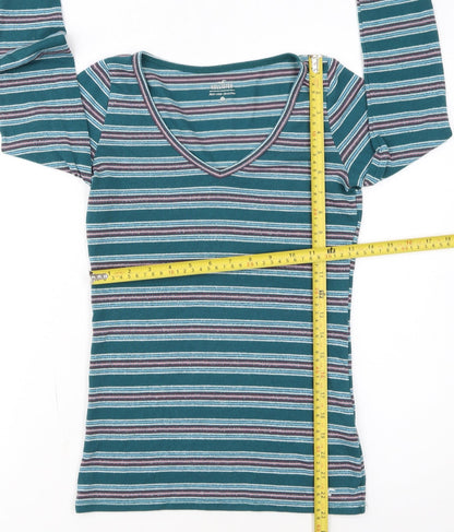 Hollister Women Blue Striped Long Sleeve V-Neck Slim Fit Top L