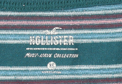 Hollister Women Blue Striped Long Sleeve V-Neck Slim Fit Top L