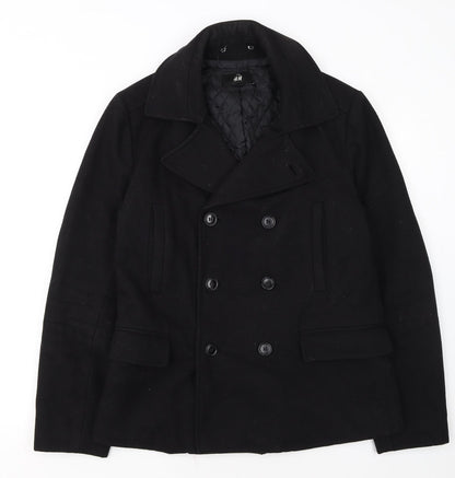 H&M Men's Black Wool Blend Pea Coat Jacket 38R Regular Fit