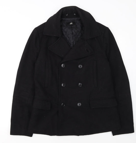 H&M Men's Black Wool Blend Pea Coat Jacket 38R Regular Fit