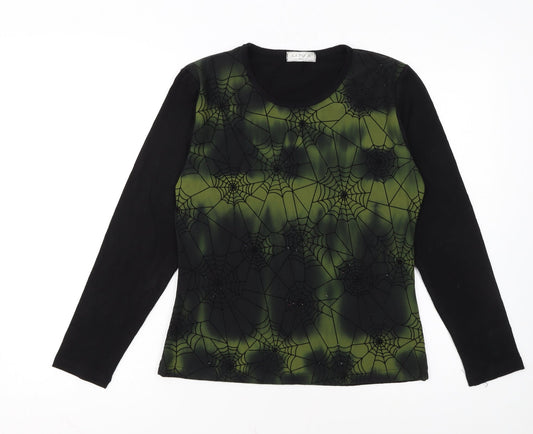LADY'S Women's Black Green Spider Web Long Sleeve Halloween Top Size M