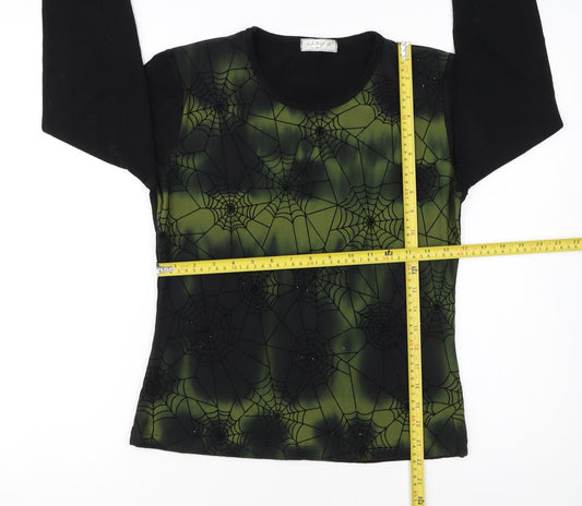 LADY'S Women's Black Green Spider Web Long Sleeve Halloween Top Size M