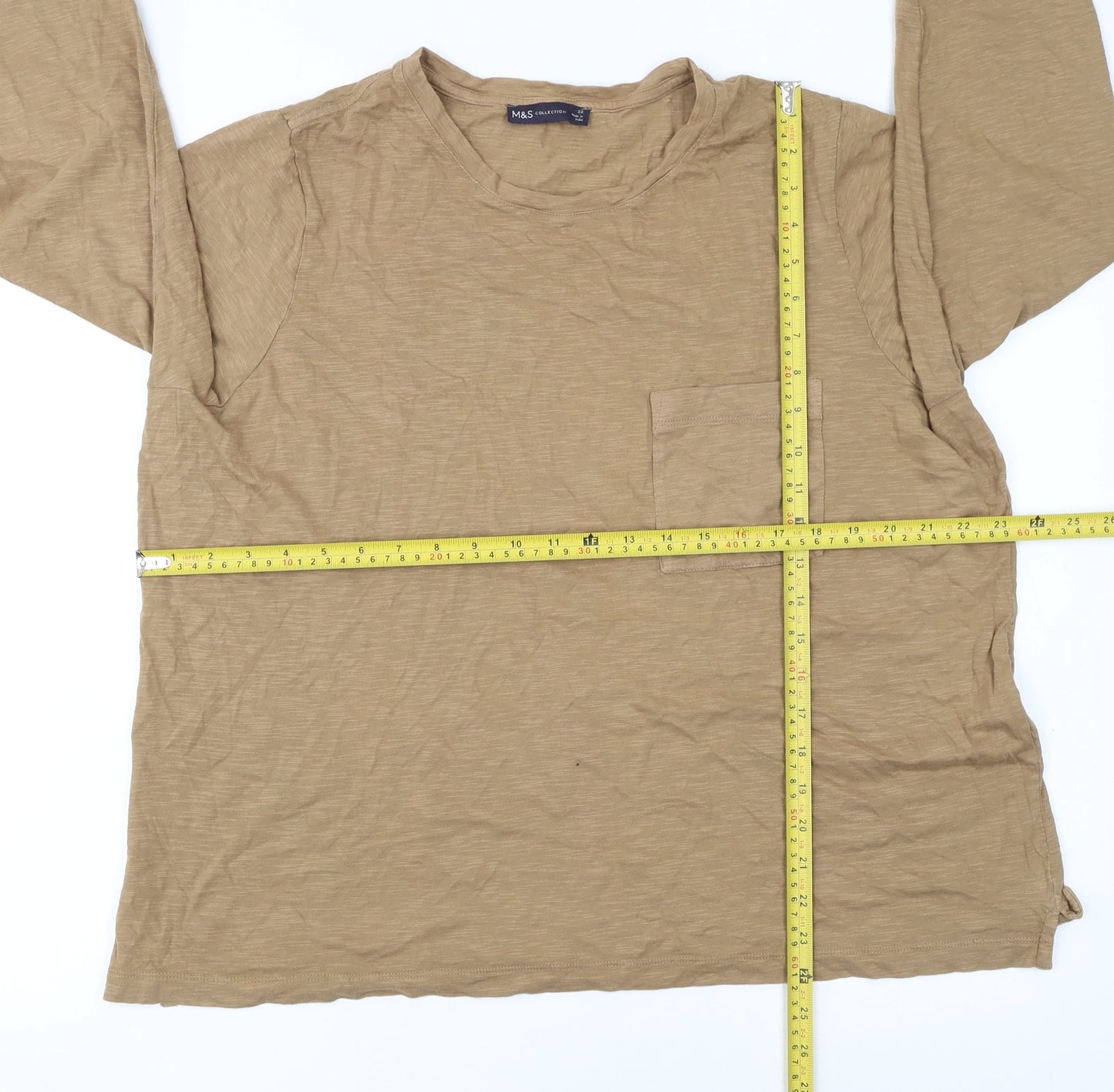 Marks and Spencer Women’s Beige Long Sleeve Cotton T-Shirt Size 22