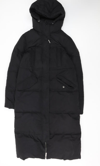 Superdry Womens Black Long Puffer Coat Hooded Size 8 Winter Warm