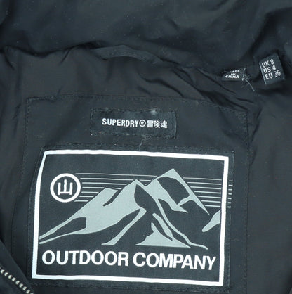 Superdry Womens Black Long Puffer Coat Hooded Size 8 Winter Warm