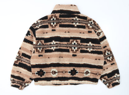 ONLY Women Beige Fleece Pullover Hoodie L Geometric Pattern