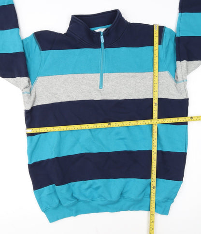 Cotton Traders Men's Blue Striped 1/4 Zip Sweatshirt XL