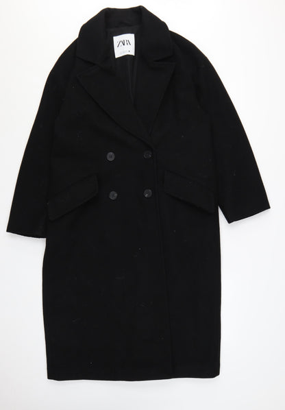 Zara Women's Black XS Double-Breasted Long Overcoat