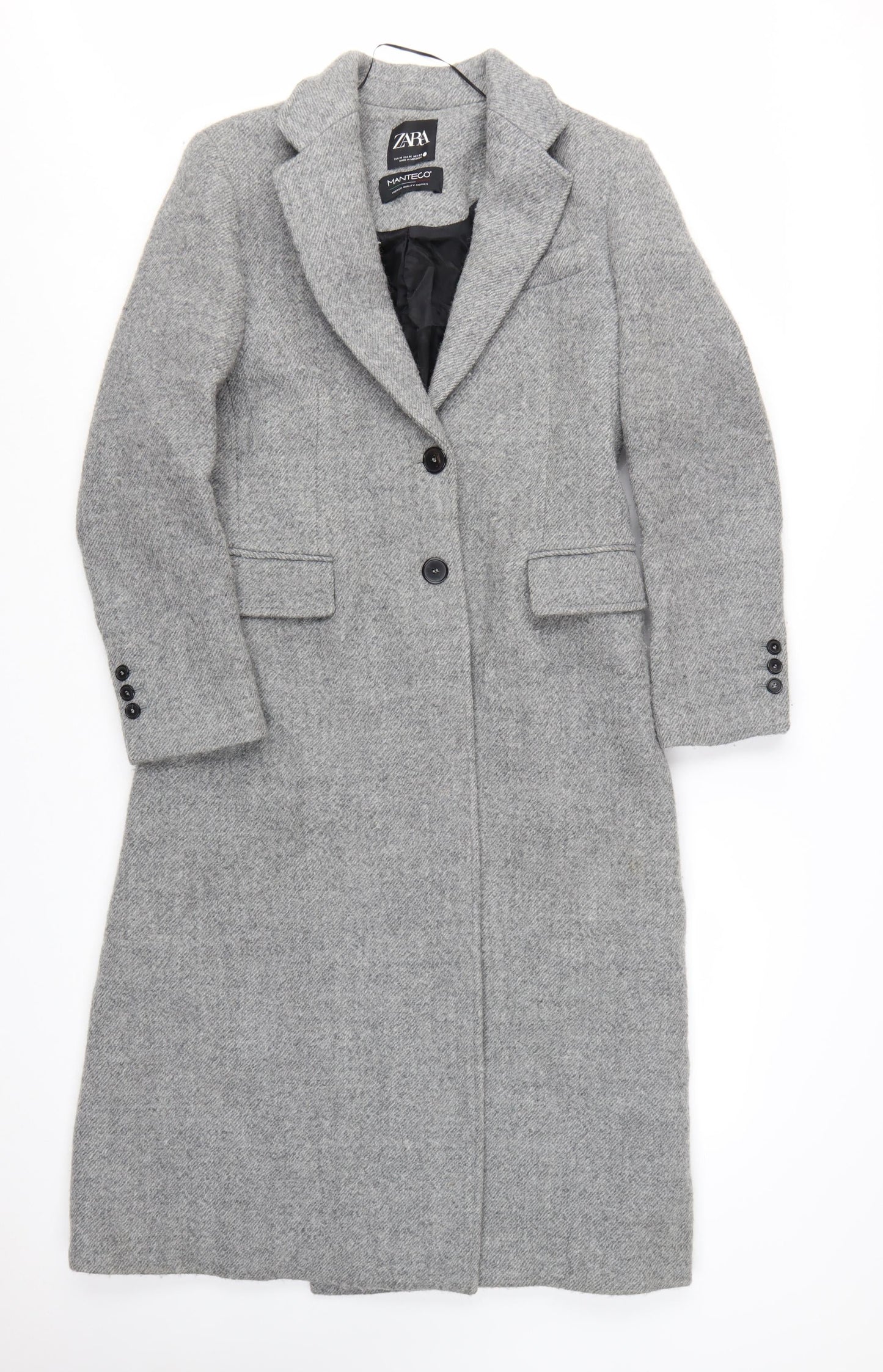 Zara Women Grey Wool Blend Long Overcoat Size 12 Classic Style