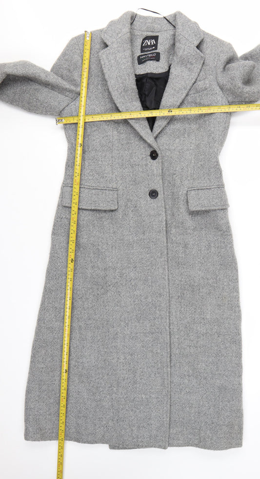 Zara Women Grey Wool Blend Long Overcoat Size 12 Classic Style