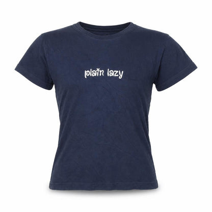 Front view of Plain Lazy girls’ navy blue classic fit logo t-shirt medium cotton