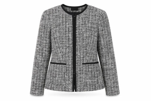 Front view of Linea Women Grey Bouclé Tweed Blazer Jacket, size 14, Wool Blend