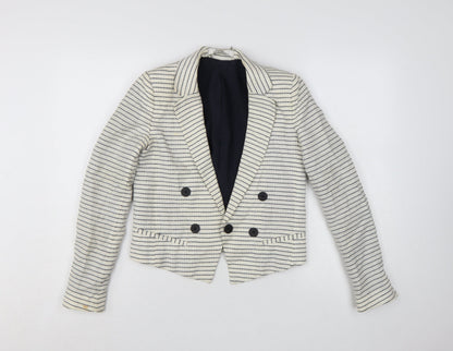 Mango Women Beige Striped Double-Breasted Blazer XS Linen Cotton