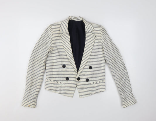 Mango Women Beige Striped Double-Breasted Blazer XS Linen Cotton