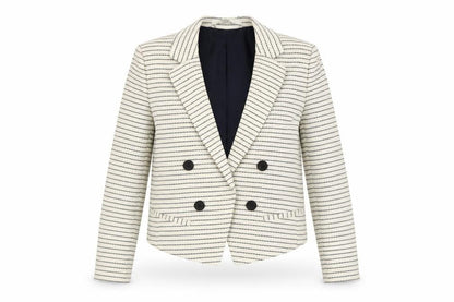 Mango Women Beige Striped Double-Breasted Blazer XS Linen Cotton
