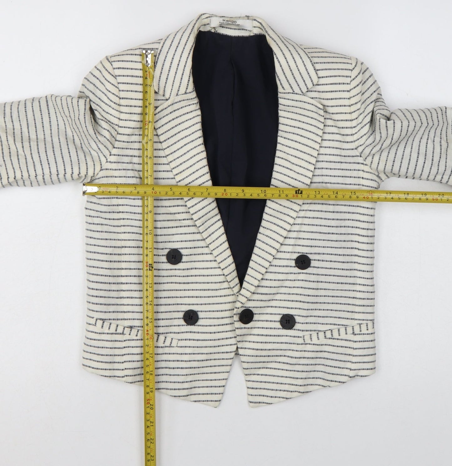 Mango Women Beige Striped Double-Breasted Blazer XS Linen Cotton