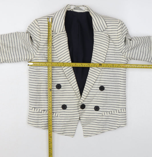 Mango Women Beige Striped Double-Breasted Blazer XS Linen Cotton