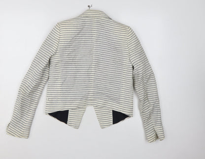 Mango Women Beige Striped Double-Breasted Blazer XS Linen Cotton