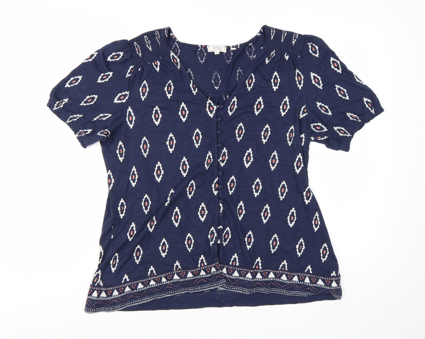 FatFace Women's Blue Geometric Bohemian Cotton Modal Tunic Blouse Size 14