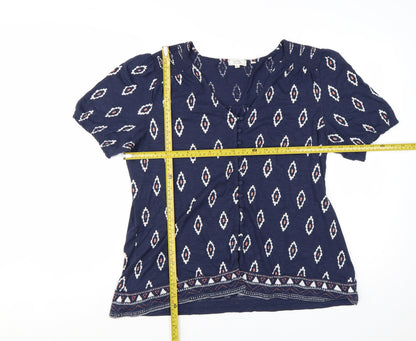 FatFace Women's Blue Geometric Bohemian Cotton Modal Tunic Blouse Size 14