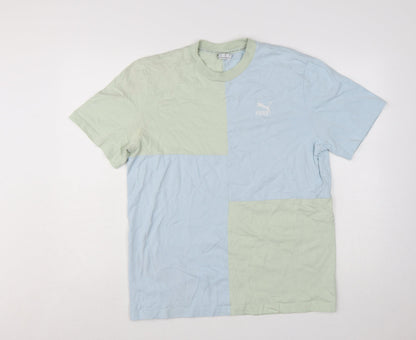 Puma Men's Blue Green Colourblock Crew Neck Cotton T-Shirt Size M