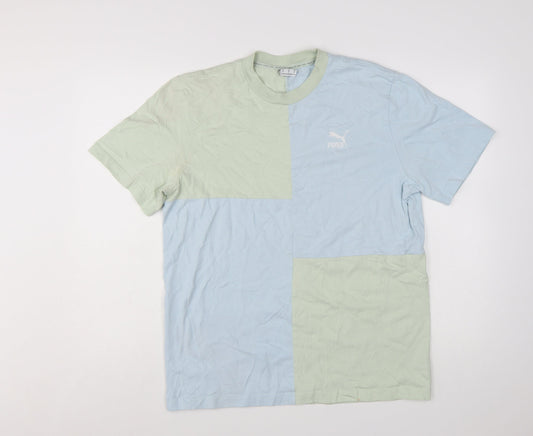 Puma Men's Blue Green Colourblock Crew Neck Cotton T-Shirt Size M