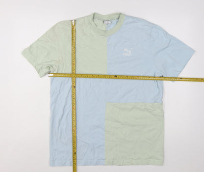 Puma Men's Blue Green Colourblock Crew Neck Cotton T-Shirt Size M